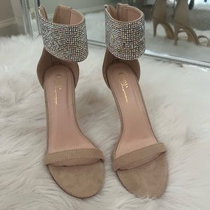 Nude rhinestone strap heels